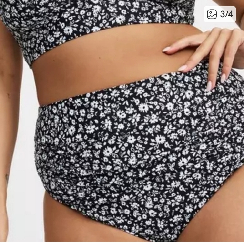 New Torrid Black & White Ditsy Floral High-Waist High Leg Cheeky Swim Bottoms